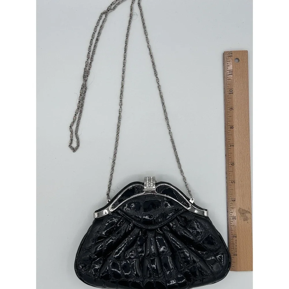 VTG. Black Patent Croc Embossed Clutch Rhinestone Floral Evening Bag Chain Strap